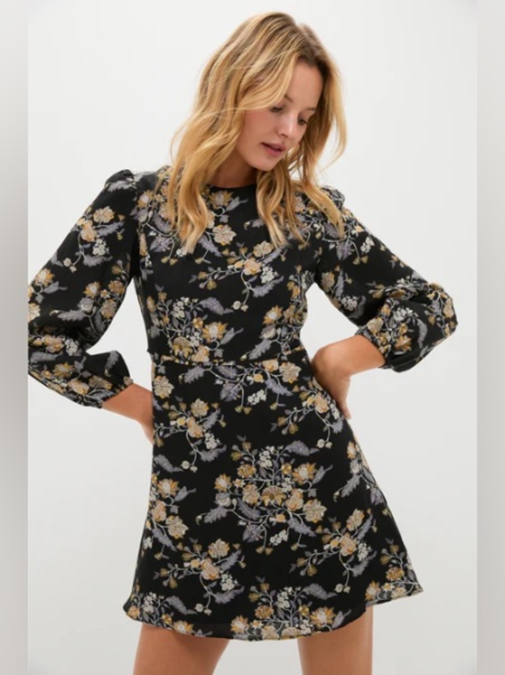 Black Floral Puff-Sleeve Mini Dress